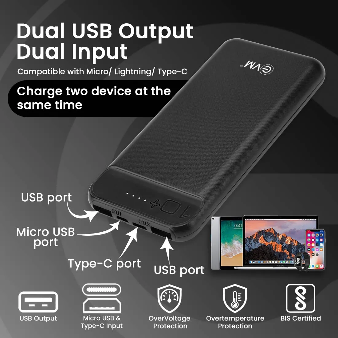 EVM Power Bank 10000 mAh (EnCharge P0109) Black view 5